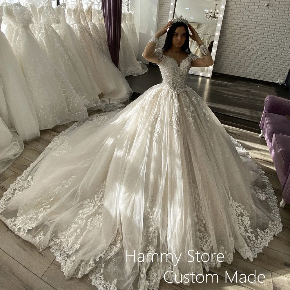 

Luxury Ball Gown Weding Dress Long Sleeves V Neck Beading Applique Tulle Chapel Train Bridal Dresses for Bride Robe De Mariee