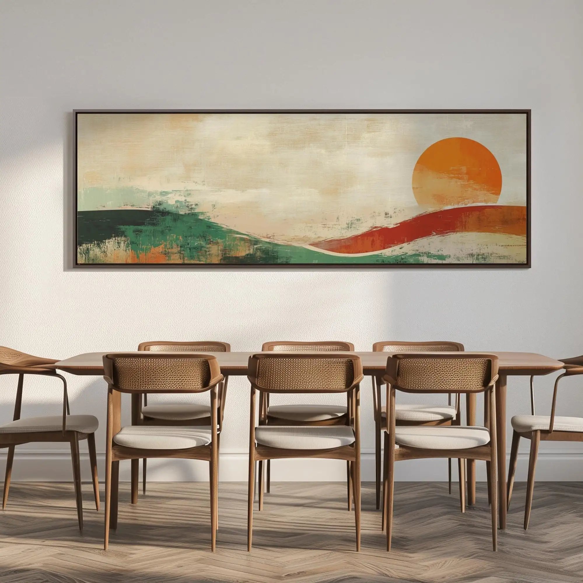 Abstract sunset panorama nature art canvas print, colorful bohemian decor above bed, long narrow wall art, home decor, frameless