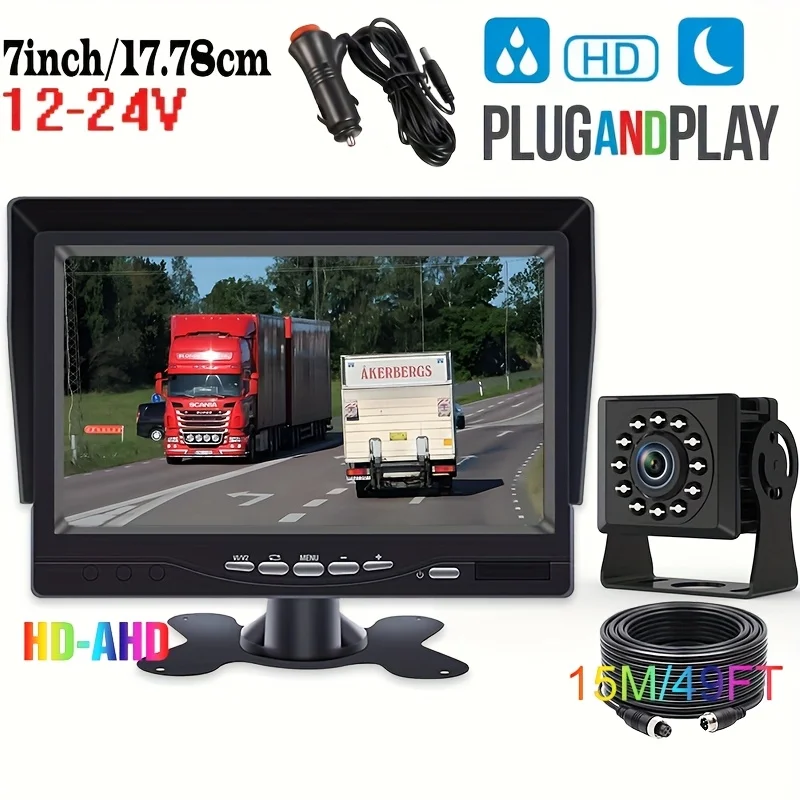 

7-дюймовая цветная резервная камера заднего вида HD-AHD для тяжелых условий эксплуатации CCD с полноцветным ночным видением, видео 720p, 4-контактный кабель 10 м/15 м