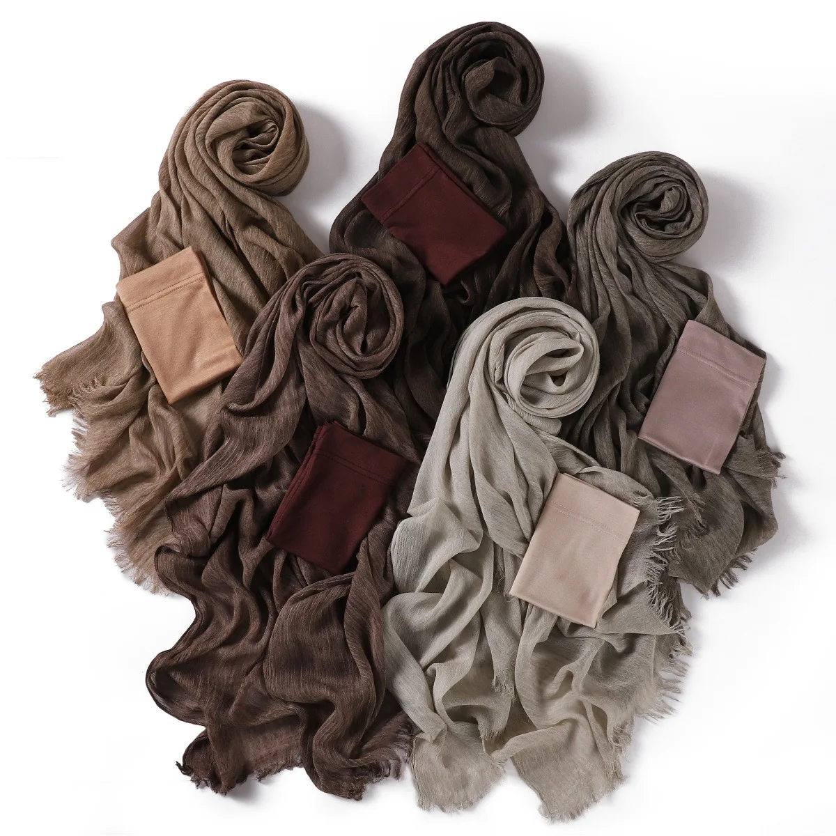 

2026 Crinkled Long Scarf with Matching Elastic Tube Cap Set Convenient Hijab Inner Cap Scarf Muslim Wrap Hat Set Headscarf Cover