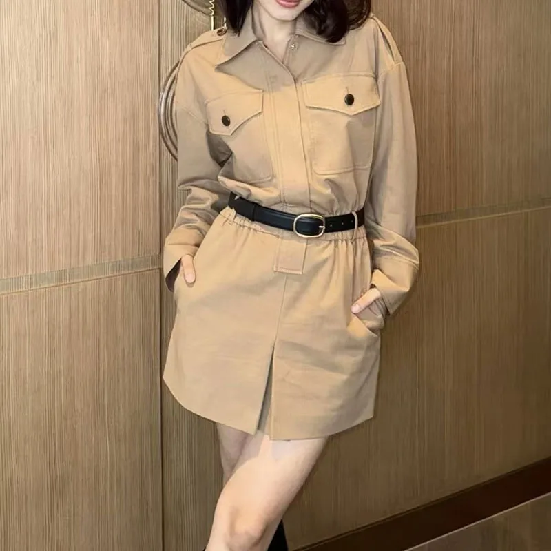 Women's tie-front jumpsuit, long-sleeve collared waist-cinched jacket with shorts, high-quality top, 2026 collection, new style,