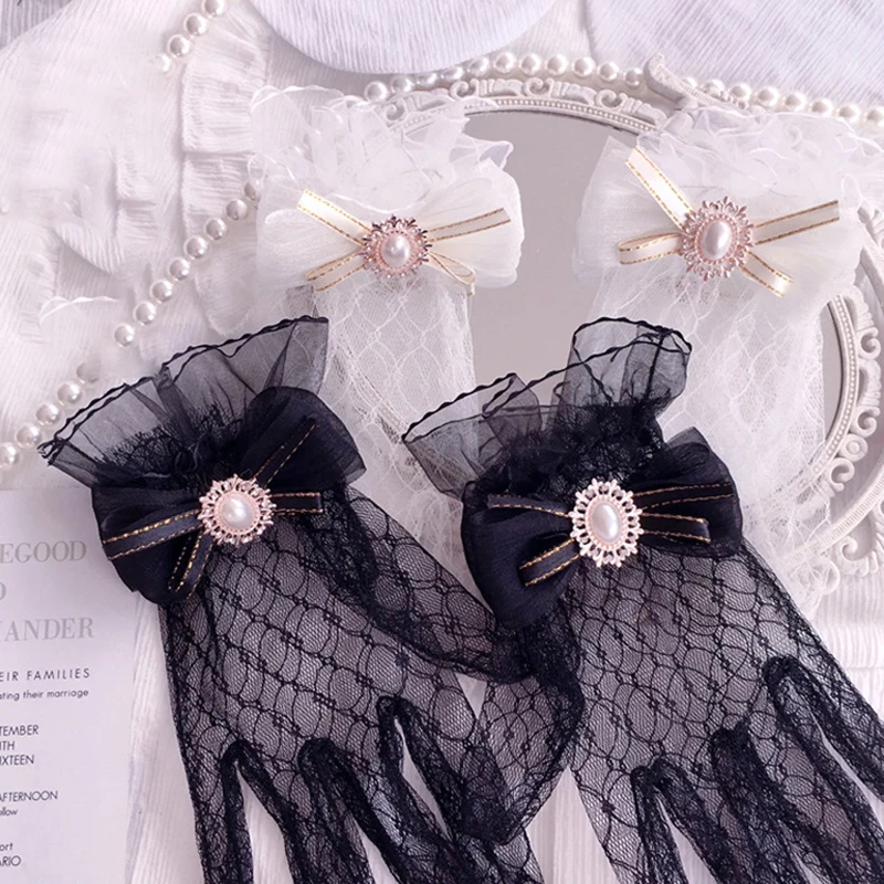 Guantes de encaje blanco y negro para niña, pulsera suave japonesa, Lolita gótica, lazo de malla, flor, joyería de Cosplay