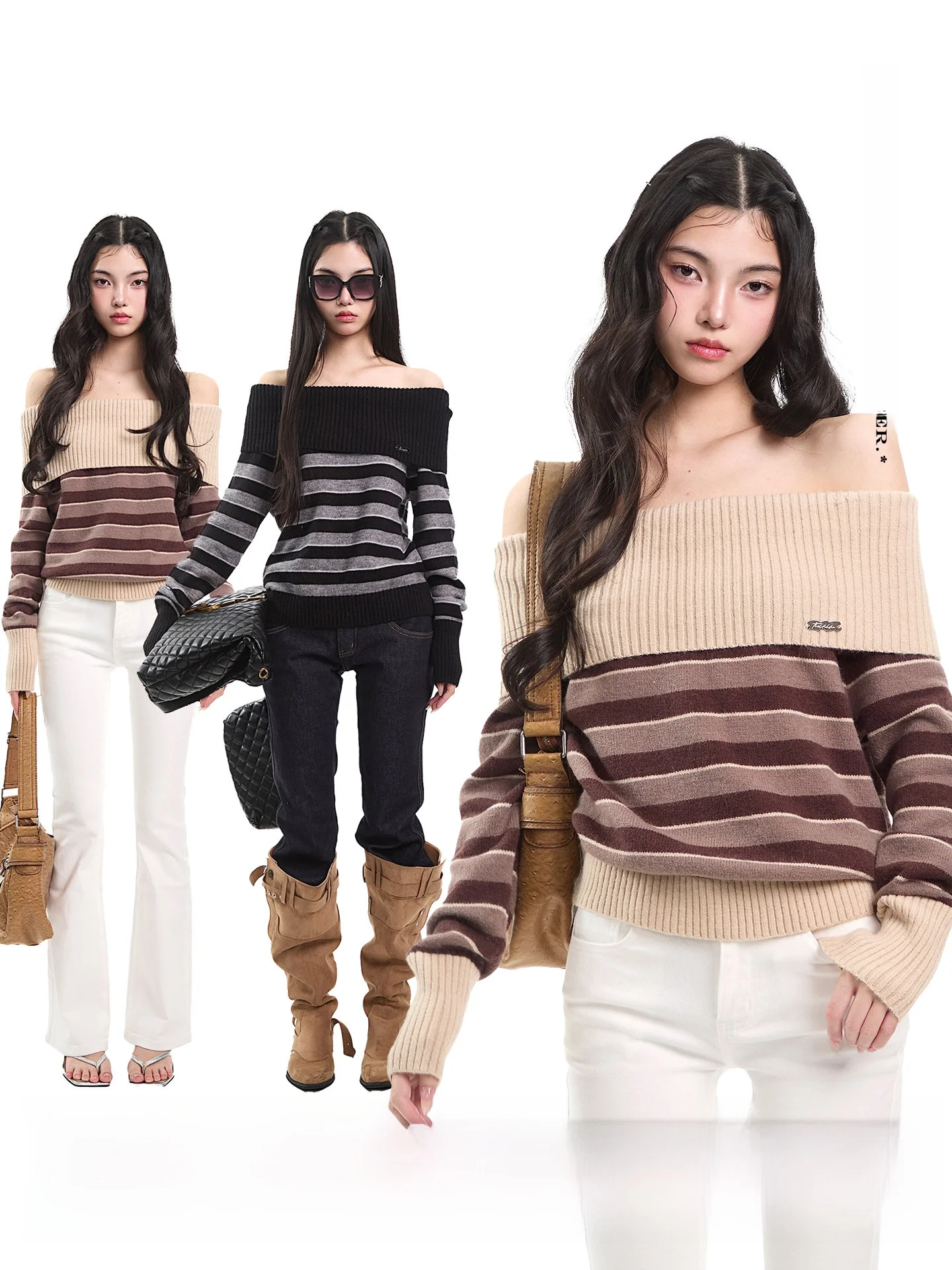 

Uncmhisex Korean Sle Long Sve Knitted Sweater Women Loose Design Stripe One oulder Autumn Winter Faion Casual Sweater