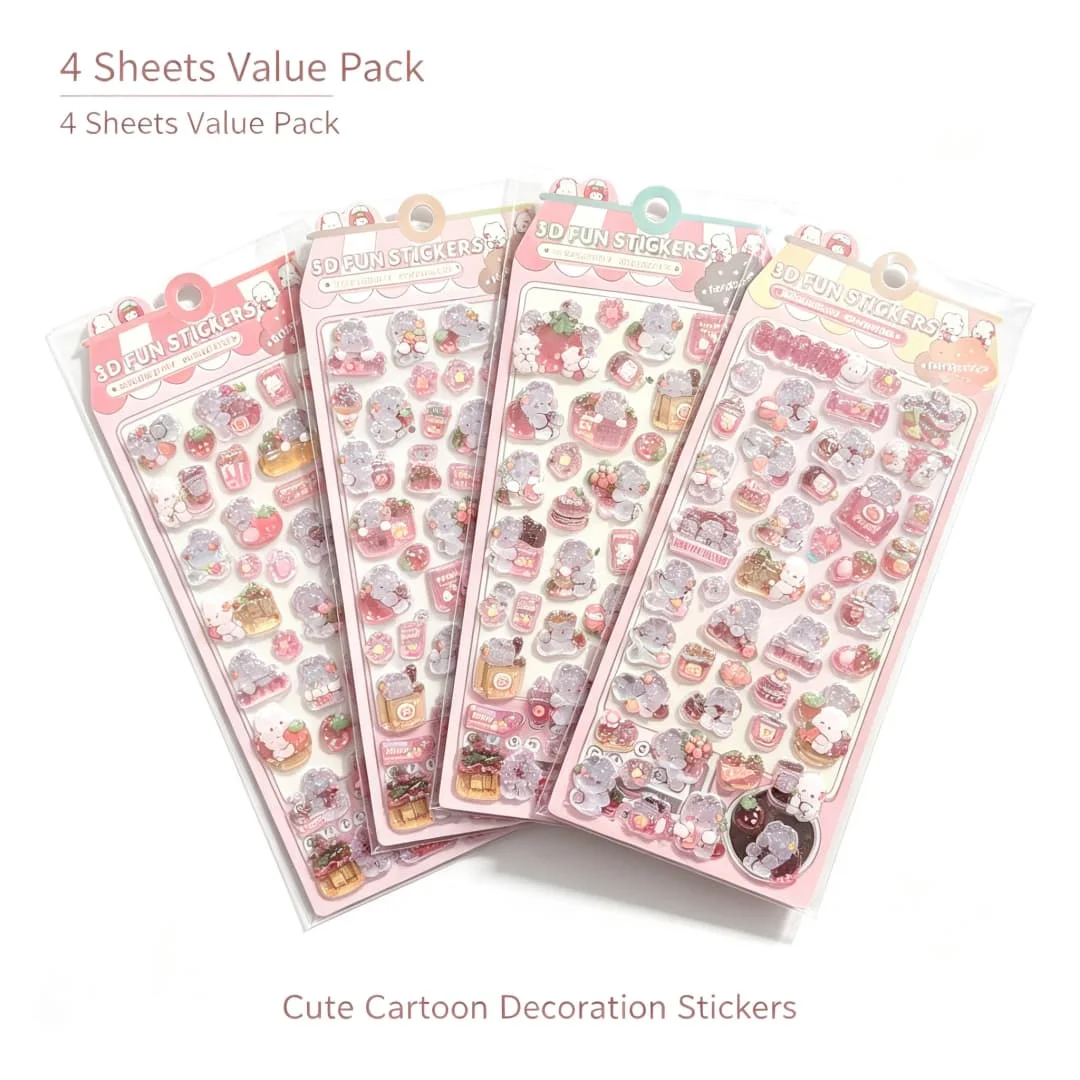 4Sheets Kawaii Dessert Animal Crystal Stickers, Cute Cartoon Sweet 3D Epoxy Glossy Sparkle Stickers for Scrapbook Journal DIY