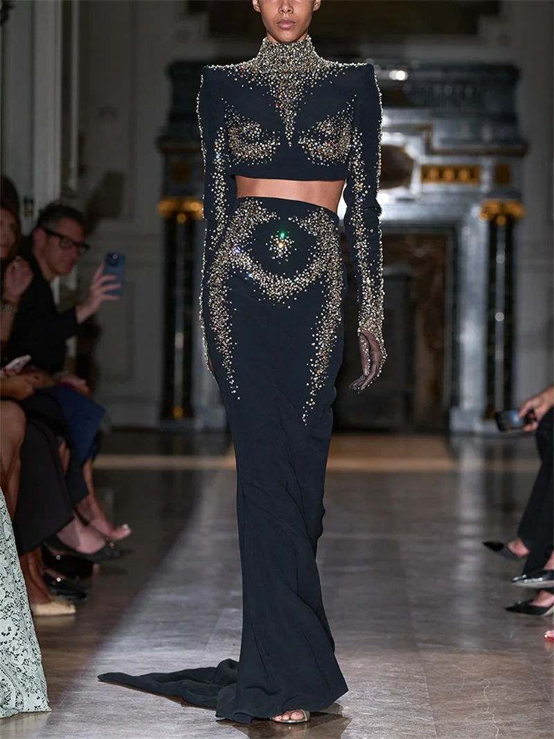 Błyszcząca Sukienka Balowa z Cekinami Czarna Seksowny Zestaw 2-częściowy Spódnica i Top z Długim Rękawem Suknia Wieczorowa na Przyjęcie Formalna Sukienka dla Gościa Weselnego Urodzinowa Sukienka Wieczorowa