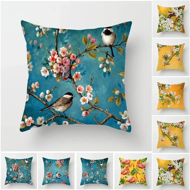 Plum Blossom Cushion Covers Flamingo Birds Cherry Pillow Cover for Home Chair Sofa Decoration Yellow Pillowcases