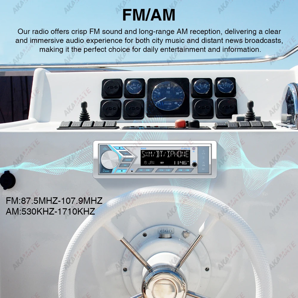 AKAMATE 1Din Bootsradio für RV ATV UTV SPA RZR Marine Media Stereo Player Bluetooth AUX USB mit Fernbedienung FM AM Radio – Detail 9
