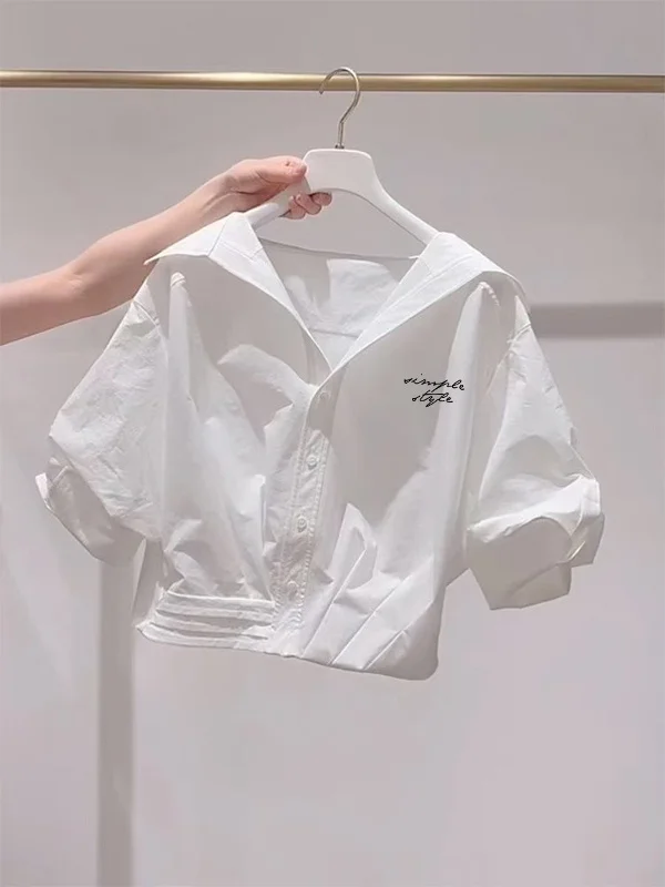 

White ort Collar Thin irt Women's Faion Summer New Sle Ele Unique Little irt Commute Sle Loose Fit