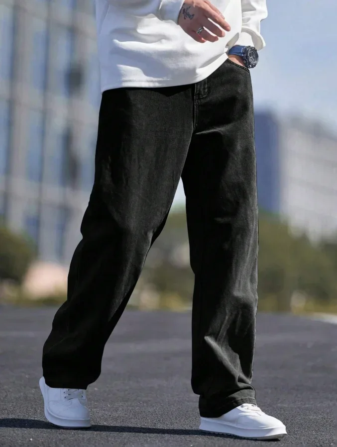 بنطال جينز رجالي فضفاض كاجوال بأرجل مستقيمة مع جيوب مائلة، مناسب لجميع المواسم ومصنوع من القماش الناعم #1