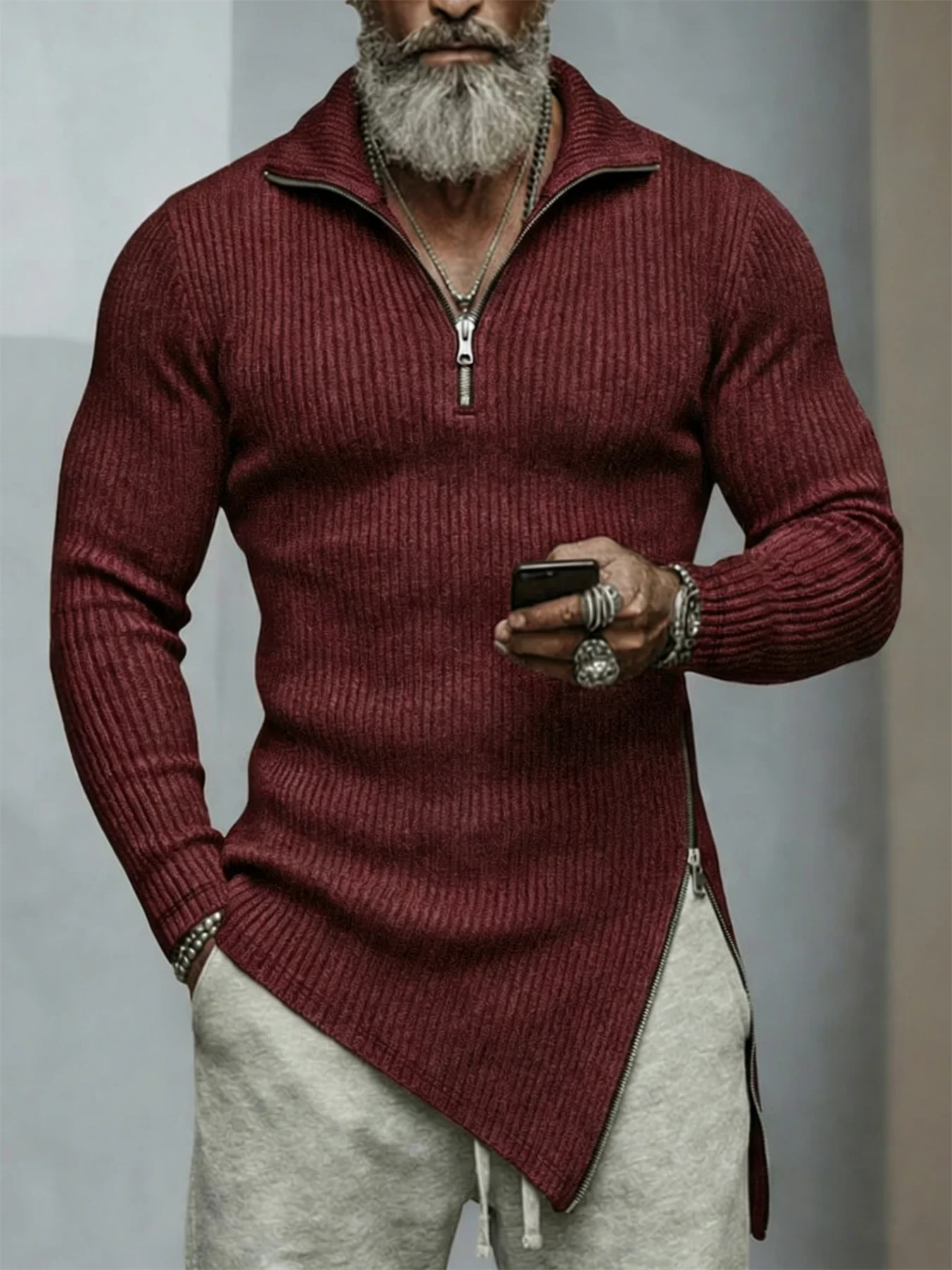 Autumn, Men's Quarter-Zip T-Shirt, Slim-Fit Sweater, Stand-Collar Sweater, Casual Long-Sleeve T-Shirt, Warm Base Layer Top