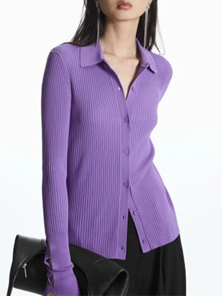 

Women's Slim Fit Rib Knit Cardigan Black Purple Lady Single-breasted Hollow Out Long-sleeved Knitwear 2023 Spring New Sweater