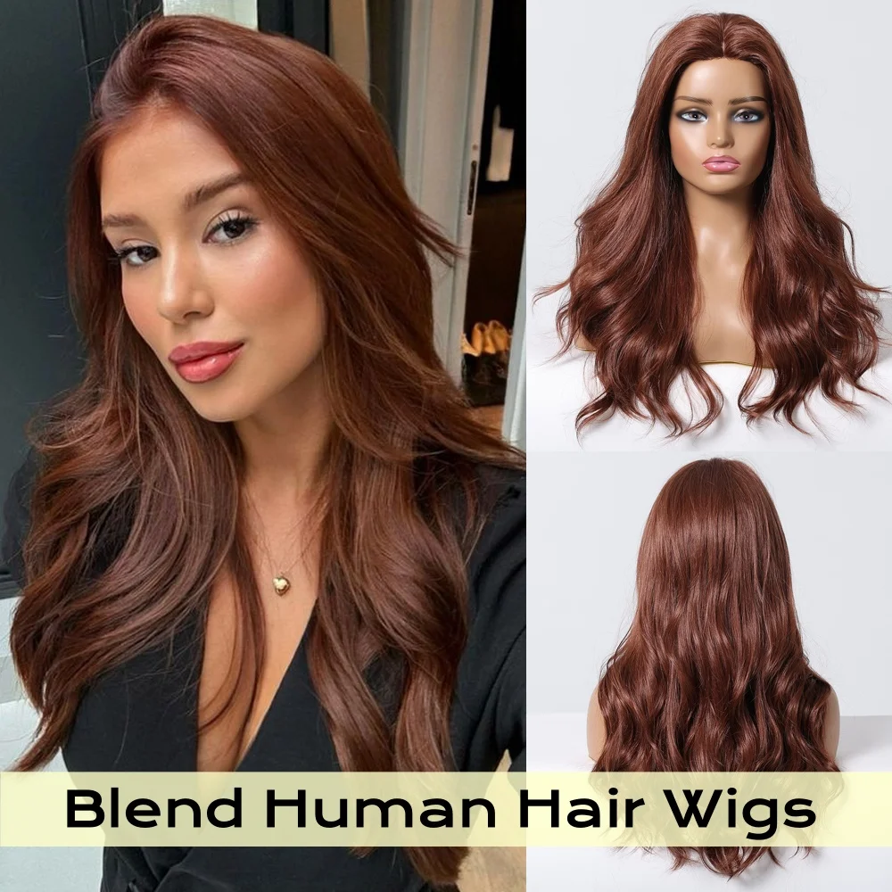 

Red Brown Blend Human Hair Wigs Long Body Wavy Hairline Lace Wig Chestnut Middle Part Human Hair for Women Daily Party Use Wigs