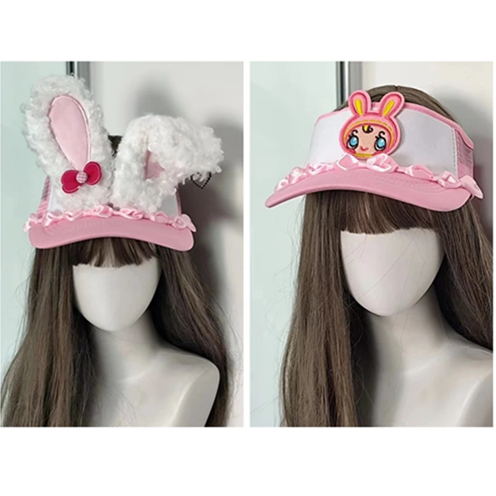 

Original Lolita Kawaii Cream Pink Lace Bunny Rabbit Ear Bow Landmine Y2k Subculture Empty Cap
