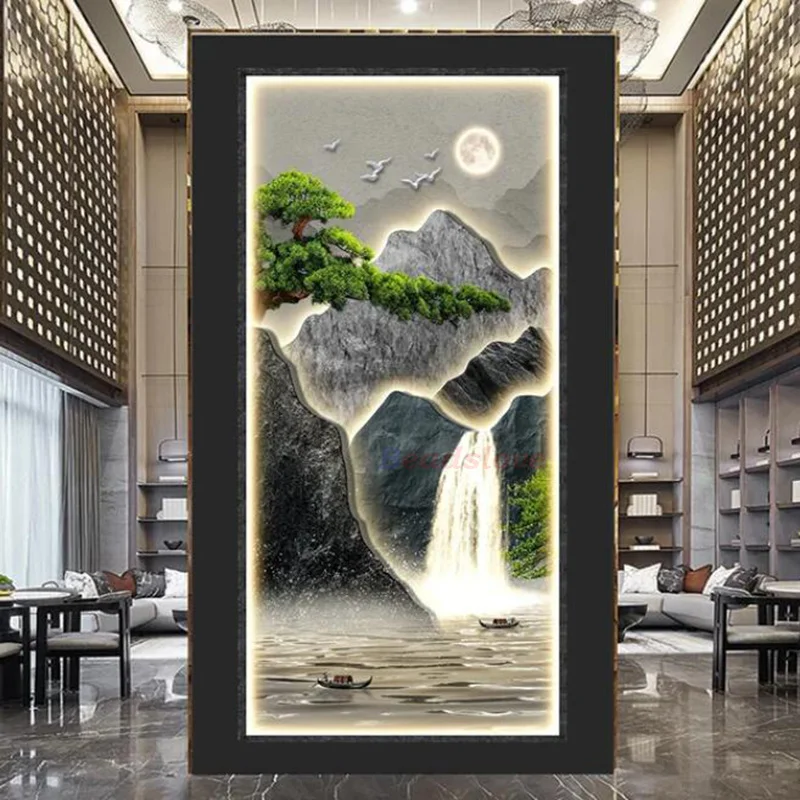 Chinese Green Pine Tree Waterfall Landscape Diamod Painting New 2024 Full Square Round Diamond Mosaic Porch Corridor Decor