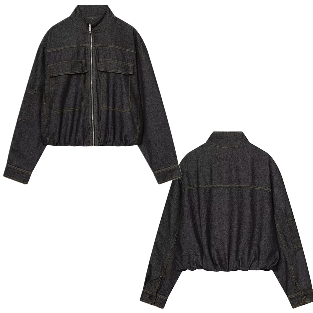 

Maxdutti Navy Color Bomber Jacket Women's Jacket Woman Clothes Tops 2026 Spring Zippers Pockets Denim Jacket Women