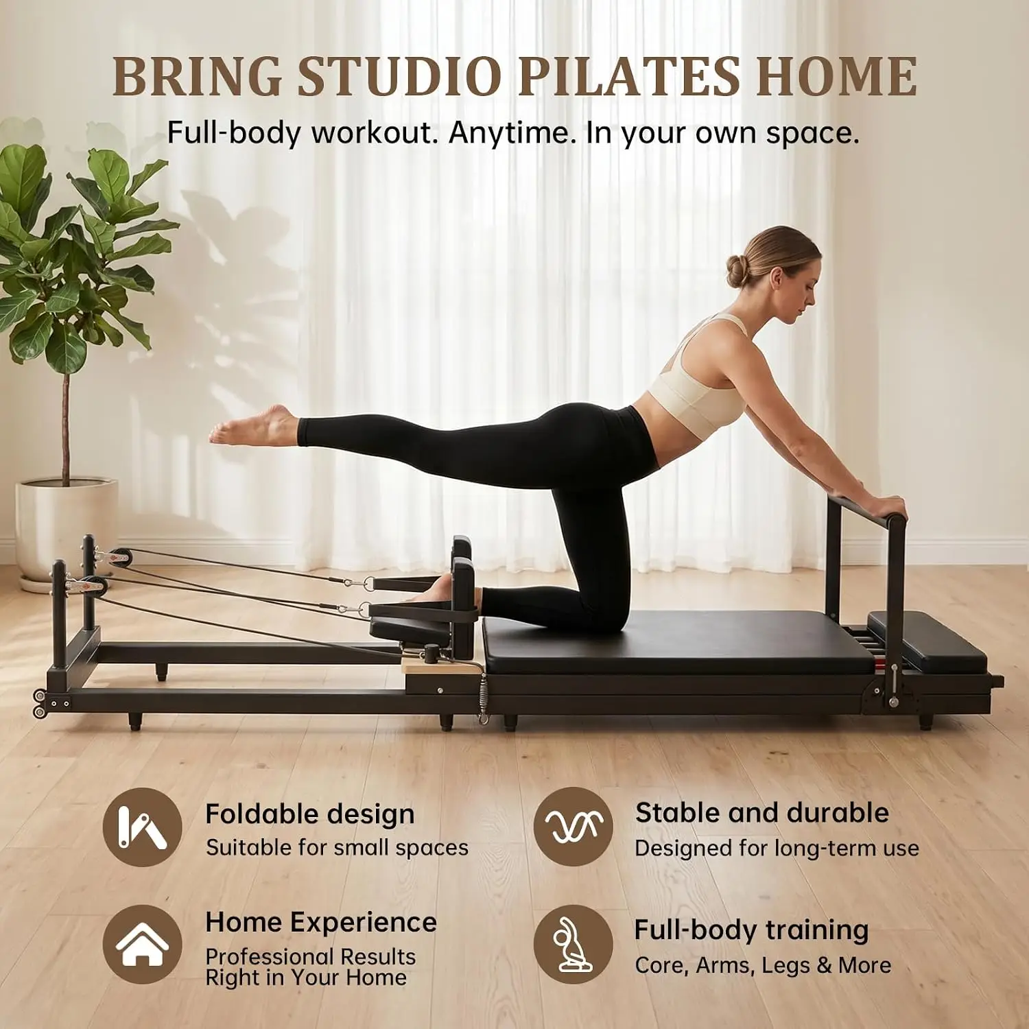 Foldable Pilates Reformer Machine, Compact Home Fitness Platform, Space Saving Full Body Exercise Trainer, Multi Functional Core Strength Workout Station, Modern Minimalist Style, Black Finish, 1 Set