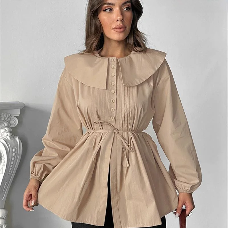 Damska sukienka w kolorze khaki z plisowanym dekoltem typu doll collar, z paskiem, wyszczuplająca talię, europejski styl, długa, oddychająca i wygodna.