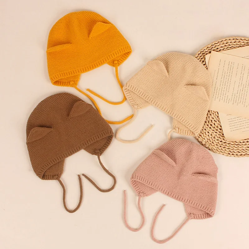 Cute Baby Knitted Hat Autumn Winter Warm Beanie Cap Kids Girl Boy Solid Color Cartoon Cat Ear Toddler Ear Protection Bonnet Hats