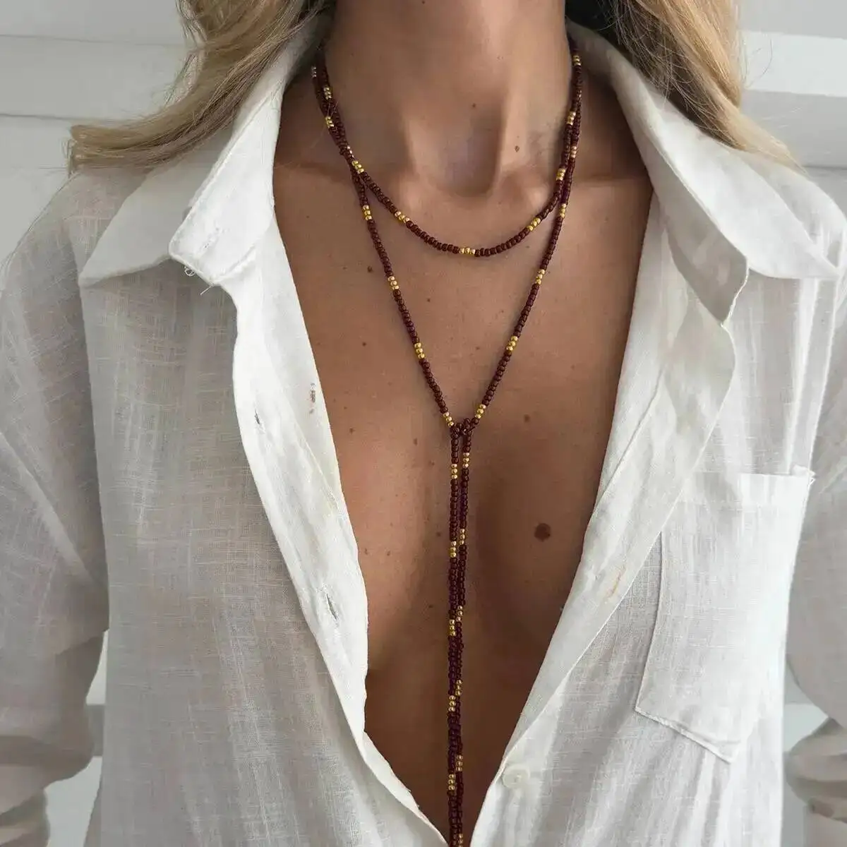 

IngeSight.Z Vintage CCB Beaded Chain Necklace for Women Long Stacked Sweater Choker Rice Bead Party Jewelry Accessory