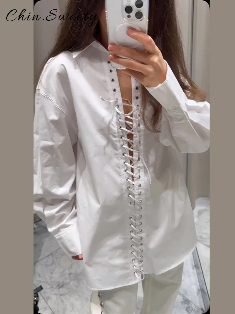 

Casual Hollow Out Bandage Shirts Women Loose Solid Lapel Full Sleeve Blouses 2025 Spring Summer Lady Fashion High Street Shirt