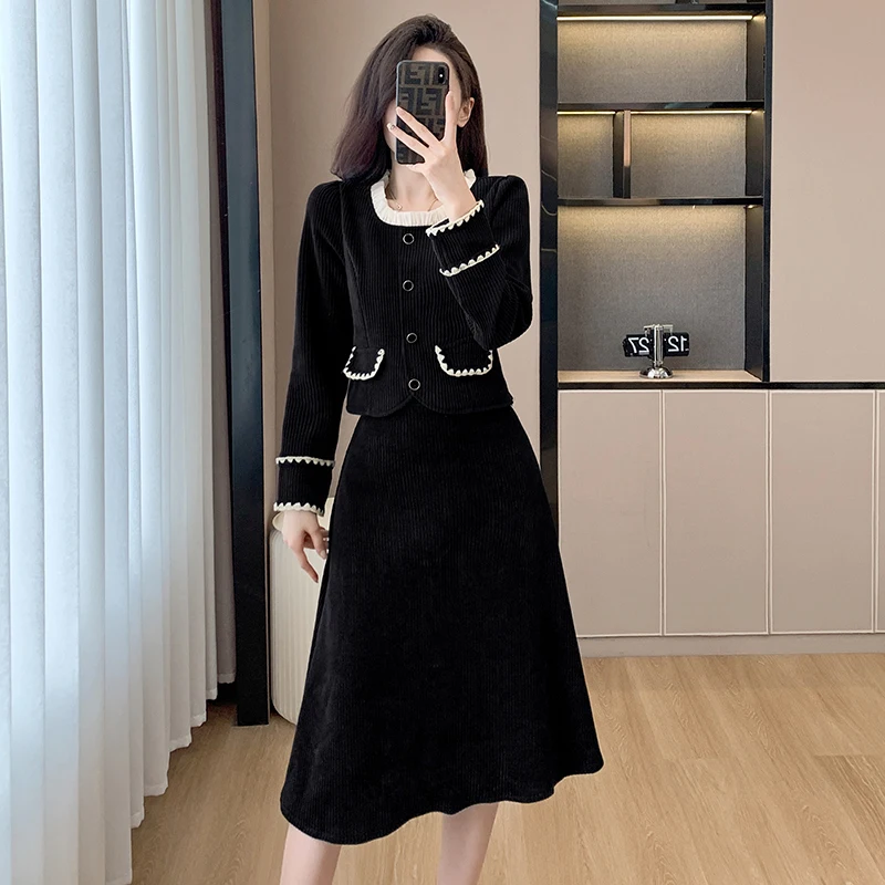 Elegant Lady Fashion Autumn Corduroy Two Piece Set Women's Single Breasted Jacket Coat+High Waist Mid Skirt Suits Casual Outfits