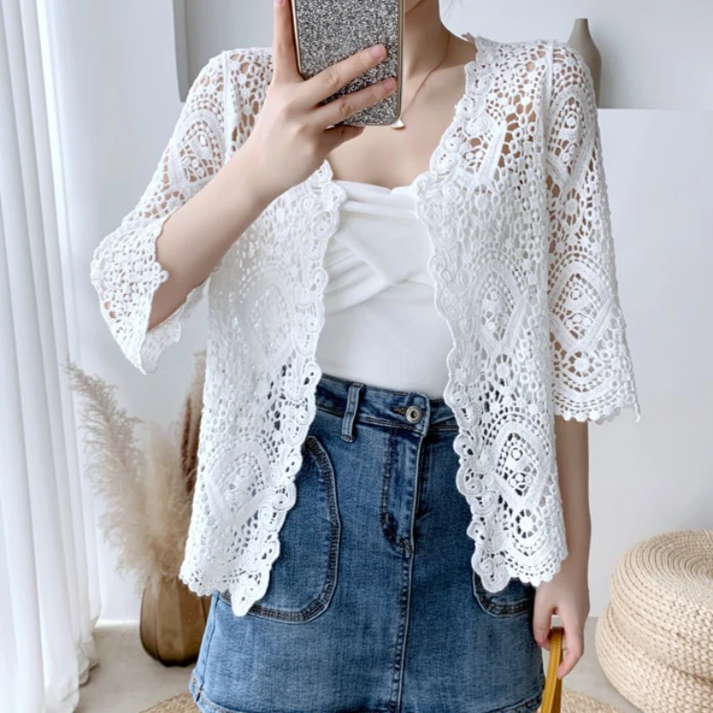 Open Front Crochet Knitted Cardigan for Women Half Sleeve Guipure Lace Top Spring Summer Beach Cover-Up Retro Boho Outfit