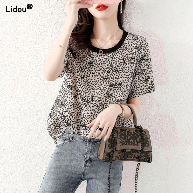 

Round Neck T-Shirts 2023 Women's Clothing Short Sleeve Leopard Printing Pullovers Summer Thin Fashion Simple Casual Tops Loose