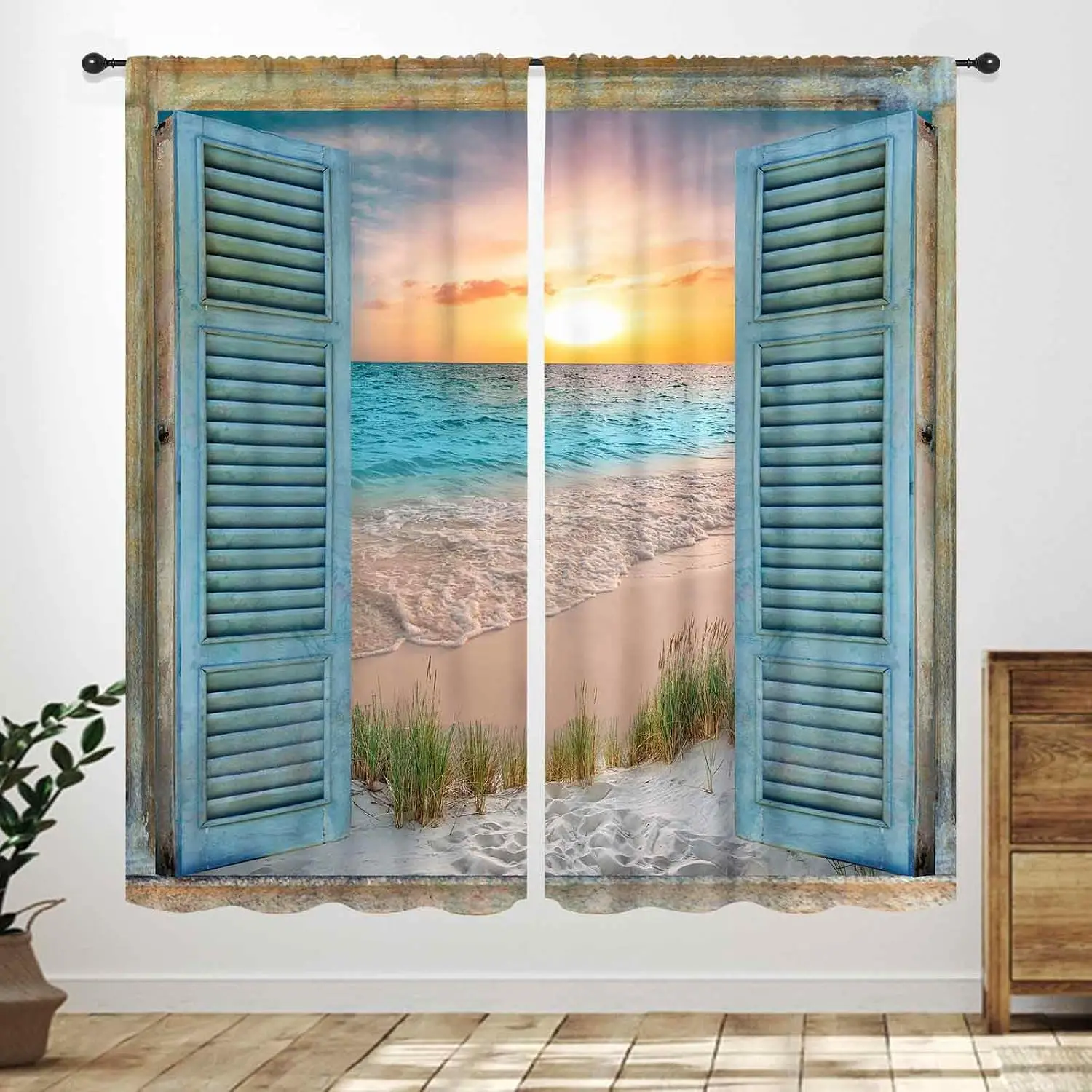 Coastal Tropical Beach Sunset Curtains Blue Shutter Window Decor Ocean View Drapery Waterproof Bathroom Living Room Curtain