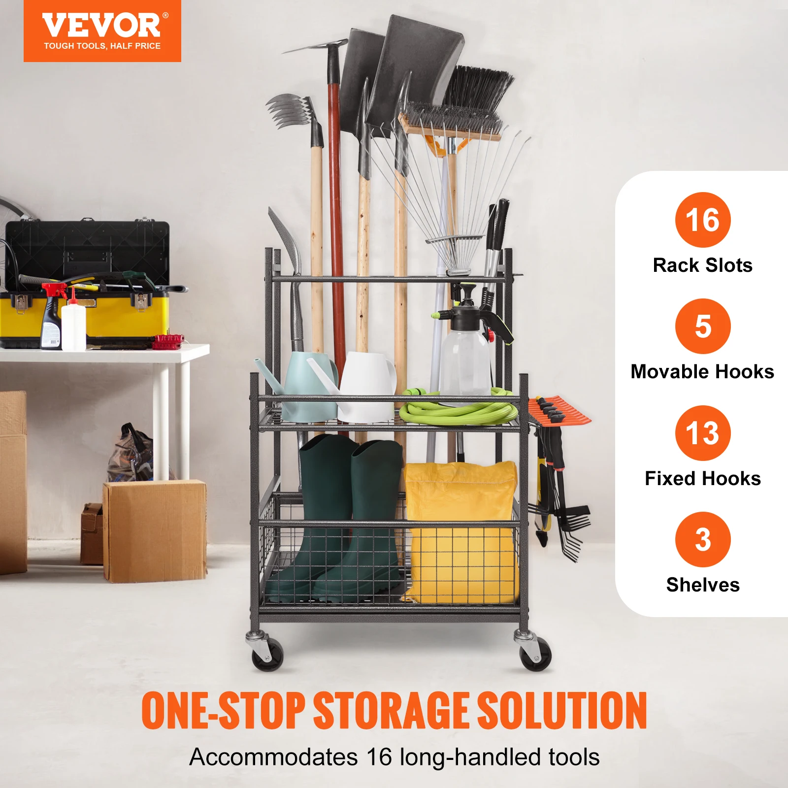 VEVOR 16 Slots Garden Tool Organizer Yard Tool Tower Rack with Hooks Wheels Long-Handled Rake Stand Holder for Garage Storage