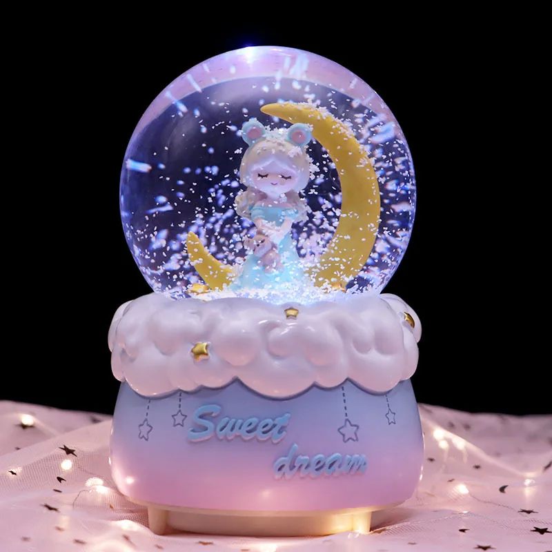 Moon Princess Girl Angel 3D Crystal Ball Music Box Colorful Light Snowflake Princess Dream Birthday Party Valentine\'s Gift