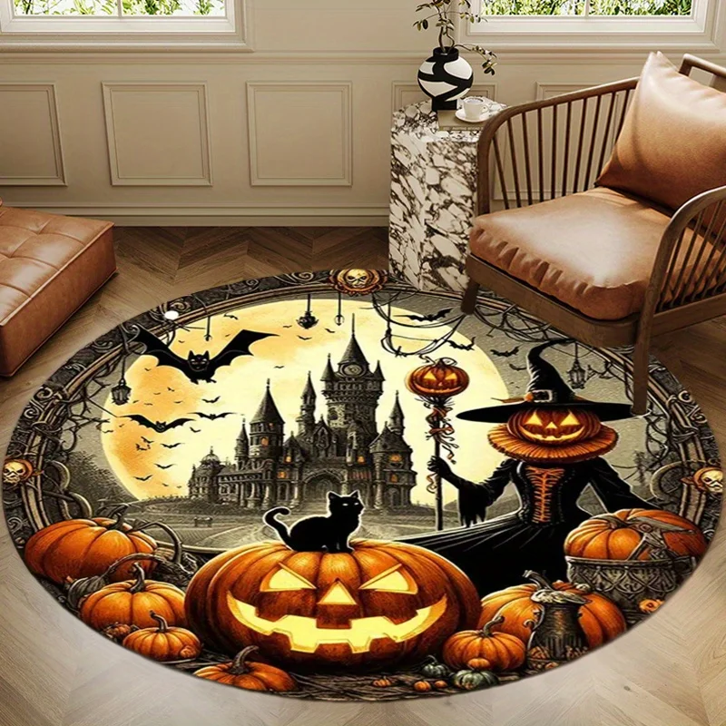 Intage Halloween Witch Pumpkin Castle Round Area Rug, Spooky Full Moon Gothic Carpet for Home Living Room Decoration