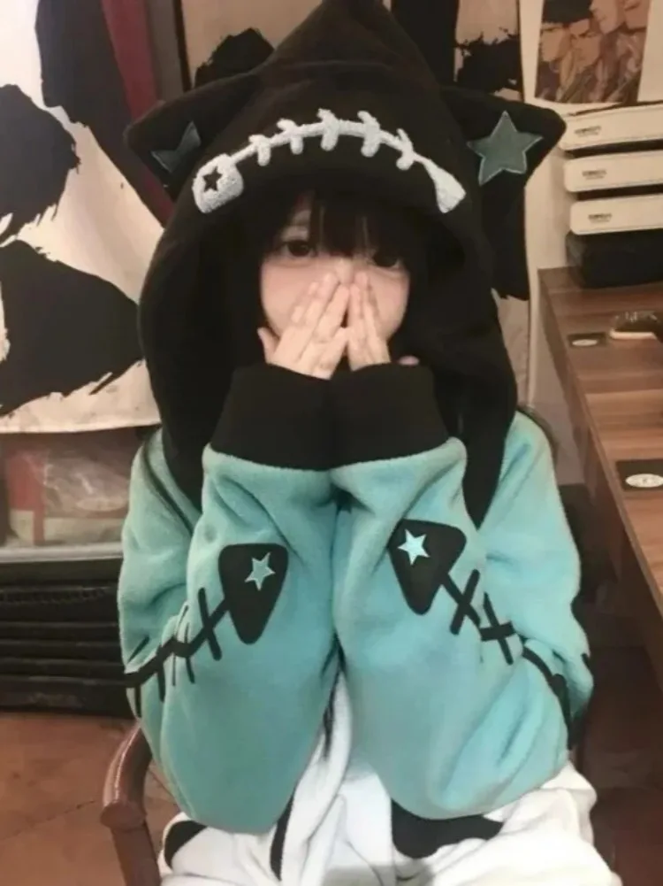 Japanische Kawaii Fisch Knochen Langarm Abnehmbare Kapuze Frauen Zipper Y2k Ästhetischen Streetwear Hoodies Harajuku Zipper Sweatshirt