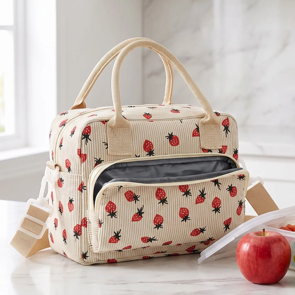 Corduroy Lunch Bag Portable Insulated Lunch Box Handbag with Adjustable and Detachable Long Shoulder Picnic Bento Storage