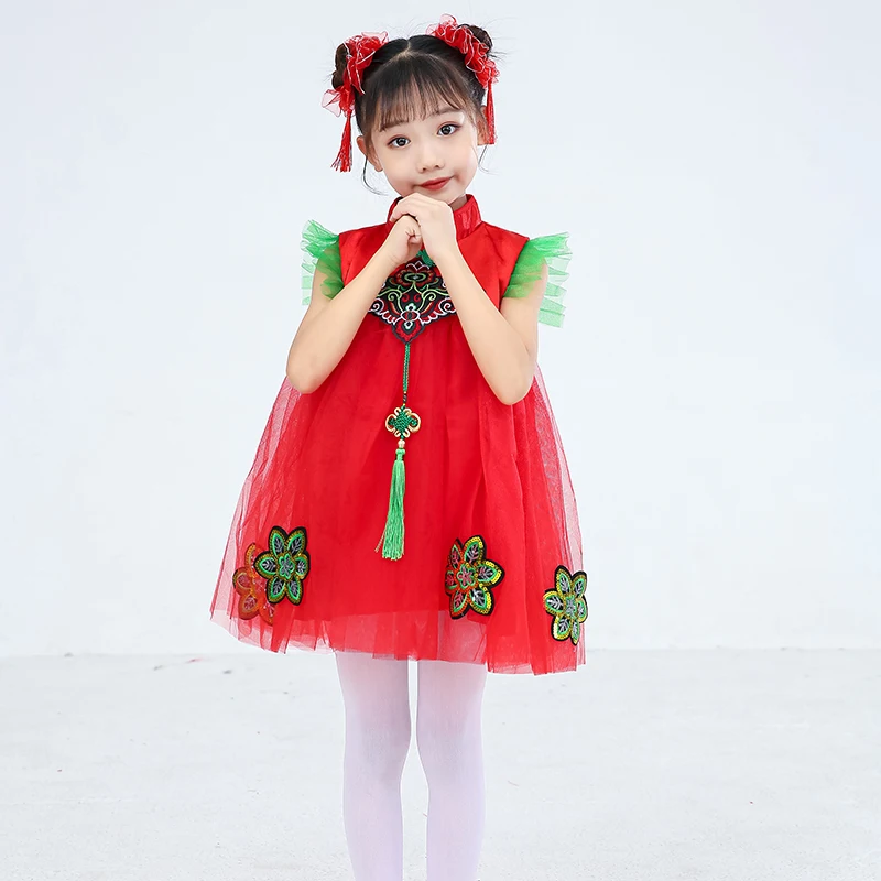 

Children's Chinese red festive costume kindergarten lantern dance Peng Peng gauze skirt ballet performance costume