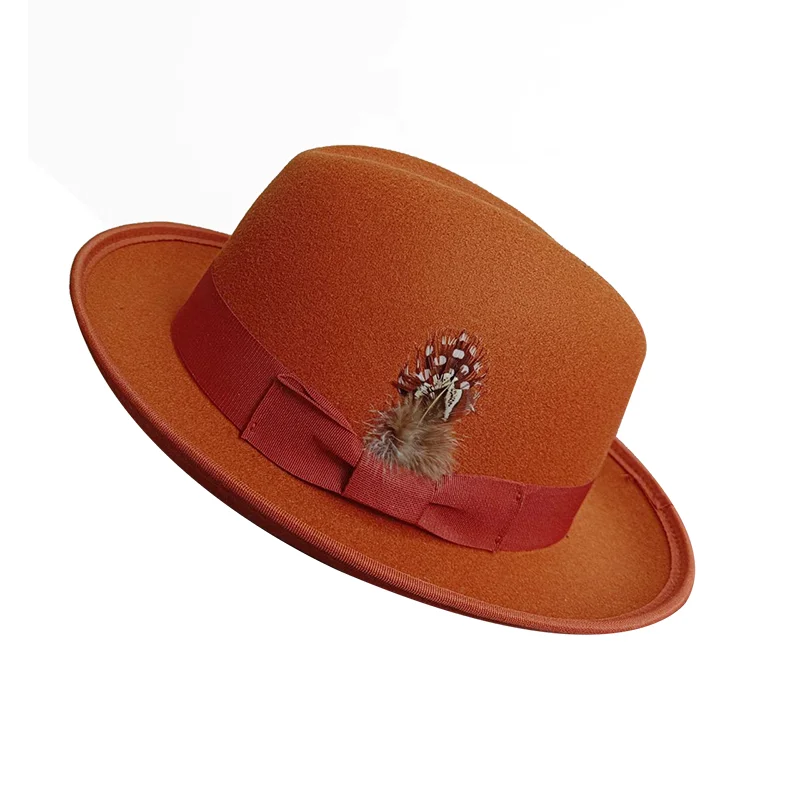 Fedora hat caramel color Fedora hat new women's curly bow colored felt hat men's concave top short party hat sombrero hombre