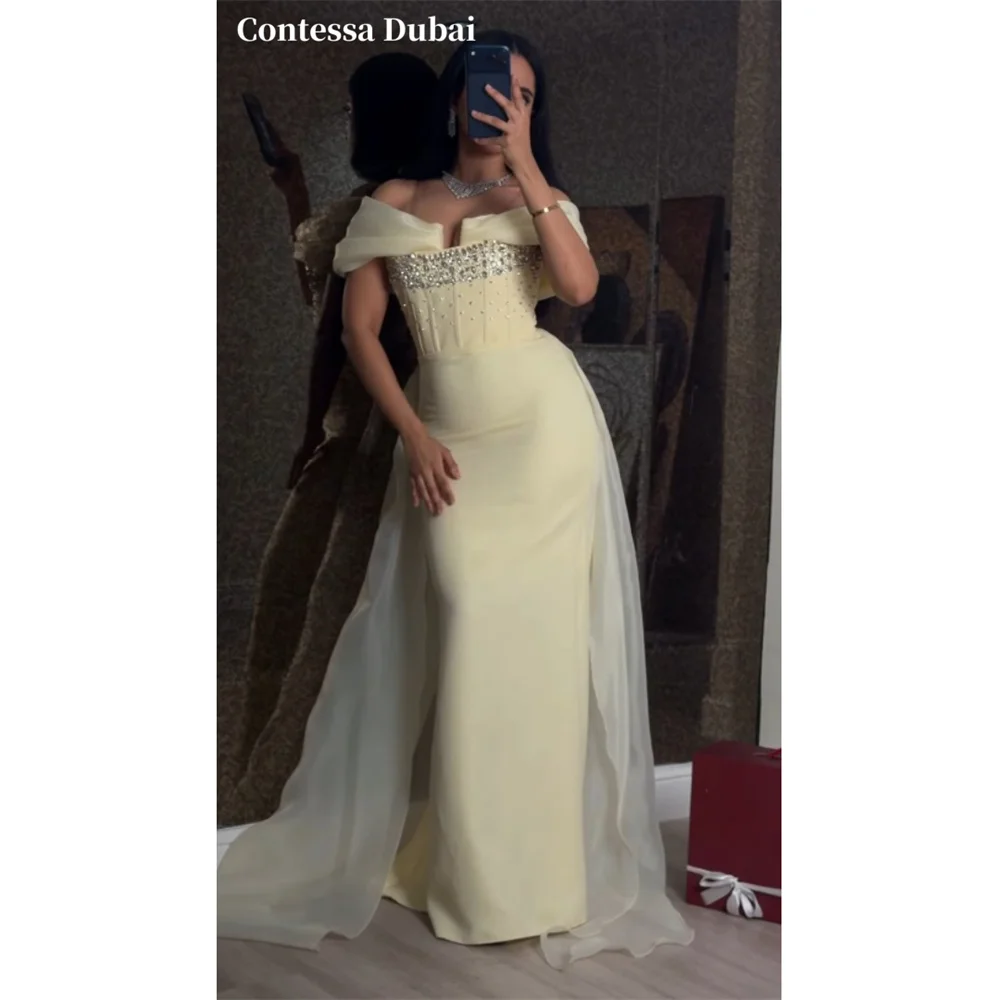 Contessa Custom Yellow Off Shoulder Evening Dress Crystal Corset Prom Dresses Mermaid Vestidos De Noche Organza Formal Evening