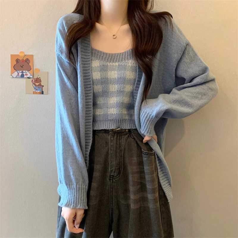 Women's Sweater New Arrival Korean Style Solid Color V-neck Knitted Cardigan + Plaid Camisole Female Versatile Two Pieces Sets