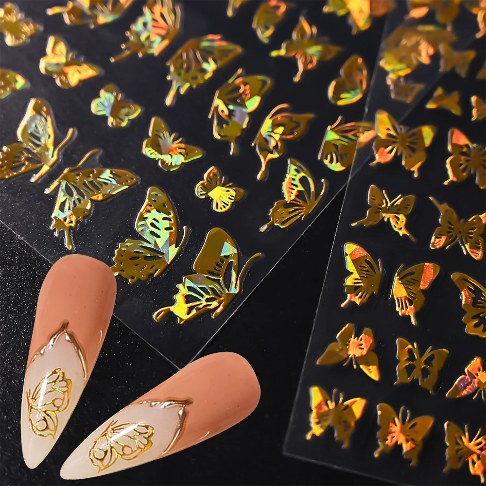 4 Stuks Zilveren Laser Vlinder Nail Stickers 3d Zelfklevende Nail Art Decoratie Stickers Glitter Vlinder Manicure Bedels Stickers