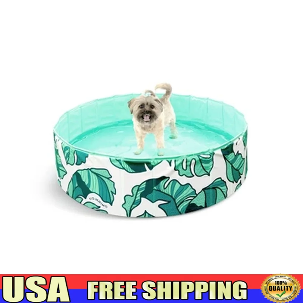 

Non-Inflatable Foldable Dog Pool 4ft Wide Heavy-Duty Vinyl Tropical Palm Leaf Design Easy Storage Side Drain Valve Perfect