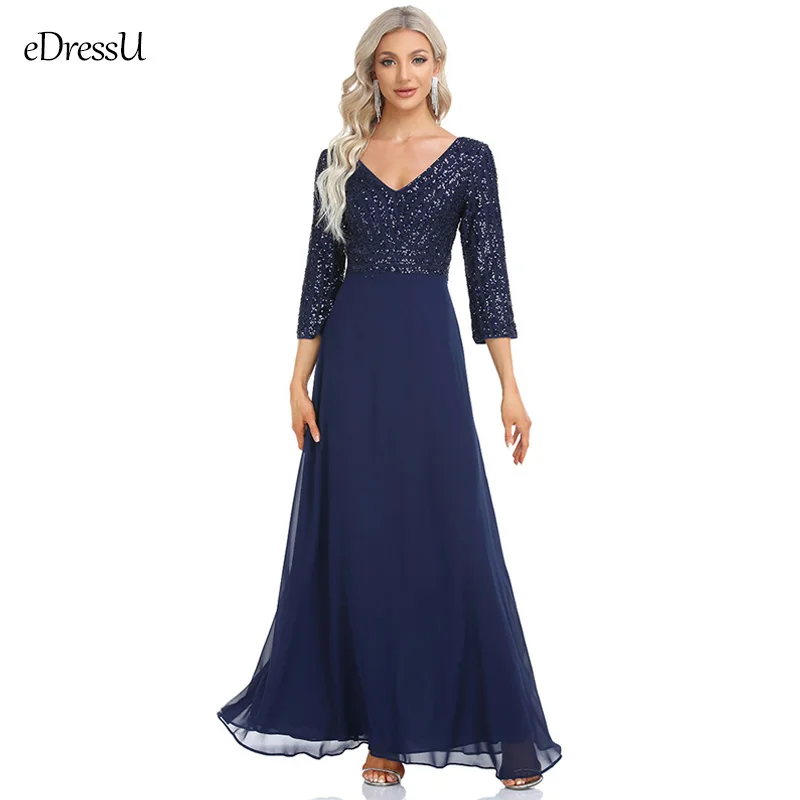 

3/4 Sleeves Sequined Chiffon Evening Dress A-line V-Neck Glitter Long Bridedmaid Dress Wedding Guest Mother Formal Gown HJQ-053