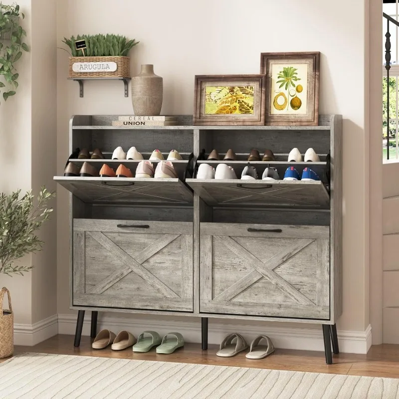 Large Shoe Storage Cabinet with 4 Flip Drawers, Freestanding Shoe Organizer with Metal Drawer Hinges for Entryway