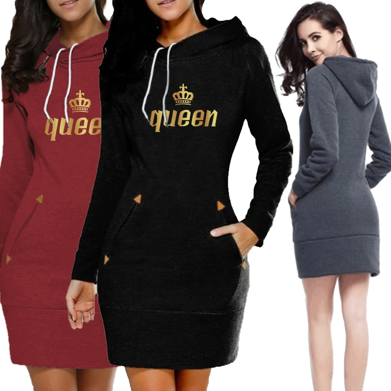 

Women Hoodie Dress Sweatshirt Pullover Dress Autumn Winter queen Printed Long Sleeve Slim Pocket Hoodie Dress