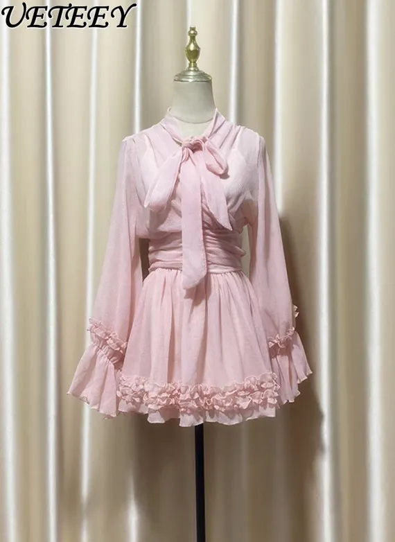 ฤดูใบไม้ผลิฤดูร้อนสีทึบ Ruffled แขนยาว V คอ Bow Tie สามมิติไม้หู WAVE EDGE ชุดเดรสสั้นสําหรับผู้หญิง