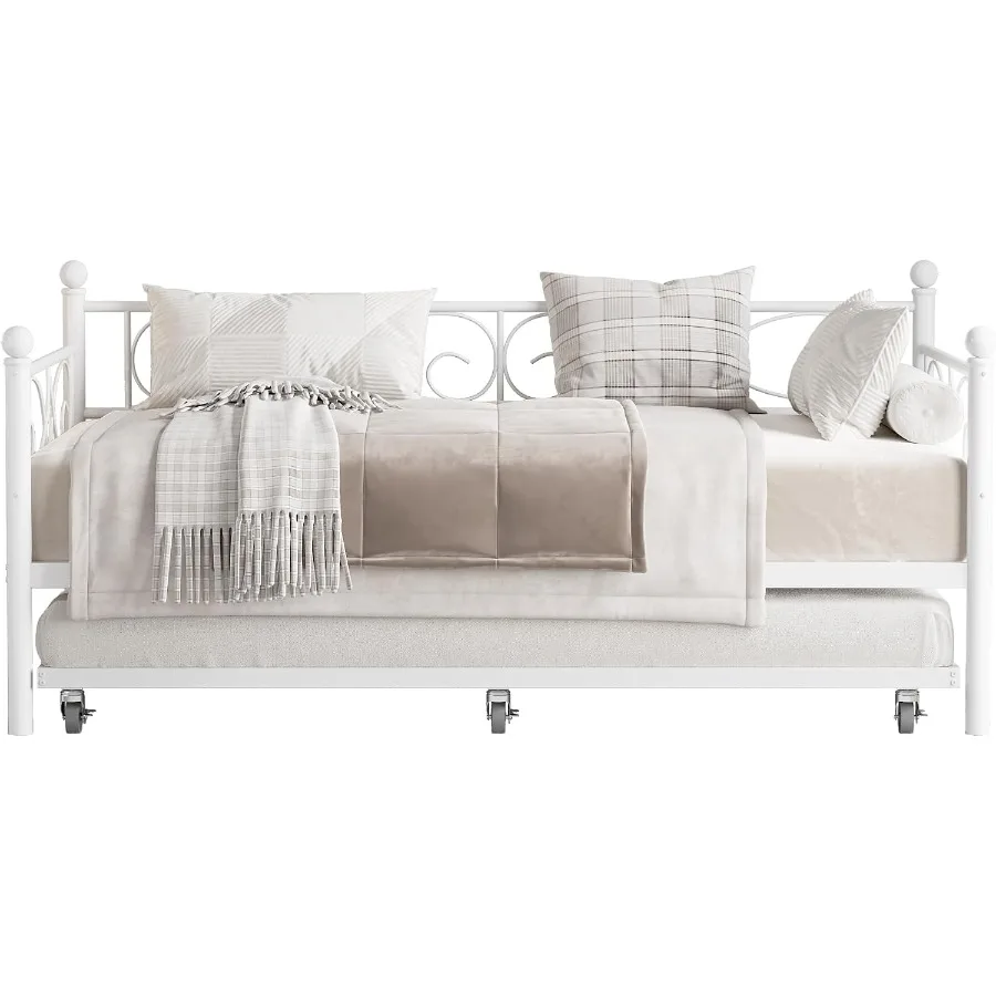 Twin Daybed with Trundle Bed, Heavy Duty Metal Twin Bed Frame with Pull Out Trundle, Modern Bedframe with Headboard, Sturdy Ste