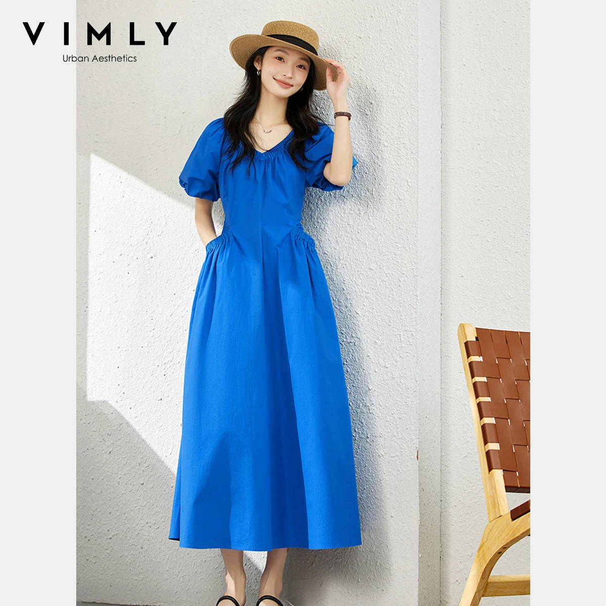 

VIMLY Women's Dresses Holiday Outfits Summer 2025 Elegant Midi V-neck Ladies Dress Pure Cotton Puff Sleeve Female Dresses A2187