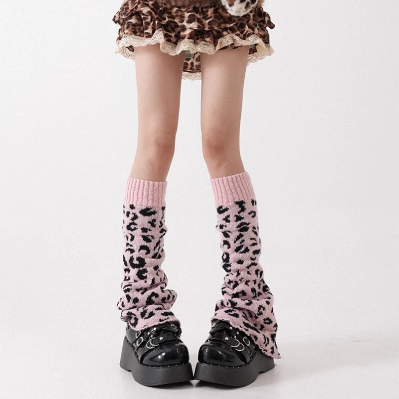 Autumn Winter New Pink Leopard Print Knitted Slouch Socks Japanese Design Y2K Subculture Hot Girl SlimmingLeg Warmers Ladies