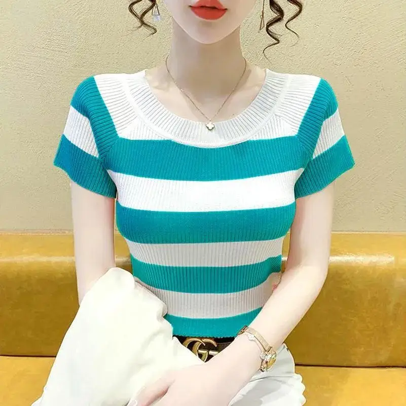 Fashion O-Neck Short Sleeve Knitted Striped T-Shirts Women\'s Clothing 2024 Summer New Slim All-match Tops Office Lady Tee Shirt