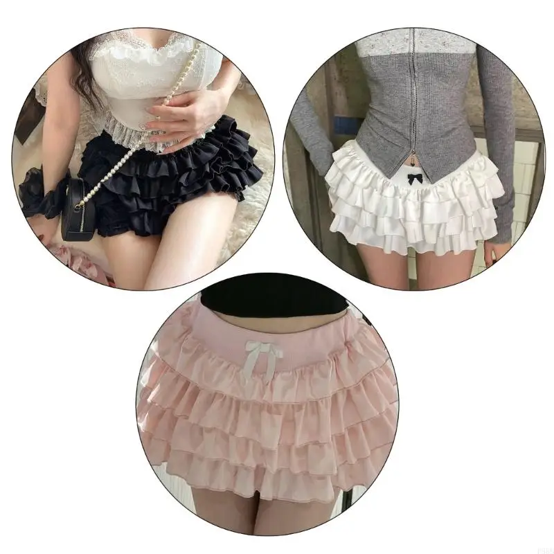 

P88B Women Japanese Sweet Bowknot Elastic Waist Mini Skirt Low Waist Pleated Ruffled Layered Short Skirt Aesthetic Streetwear