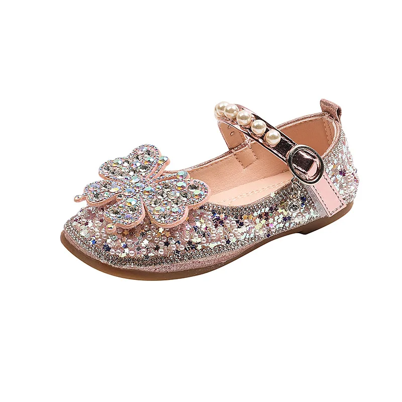 Girls Princess Leather Shoes Sweet Rhinestone Butterfly Kids Causal Wedding Party Shoes Fashion Shallow Sequins Children Shoes