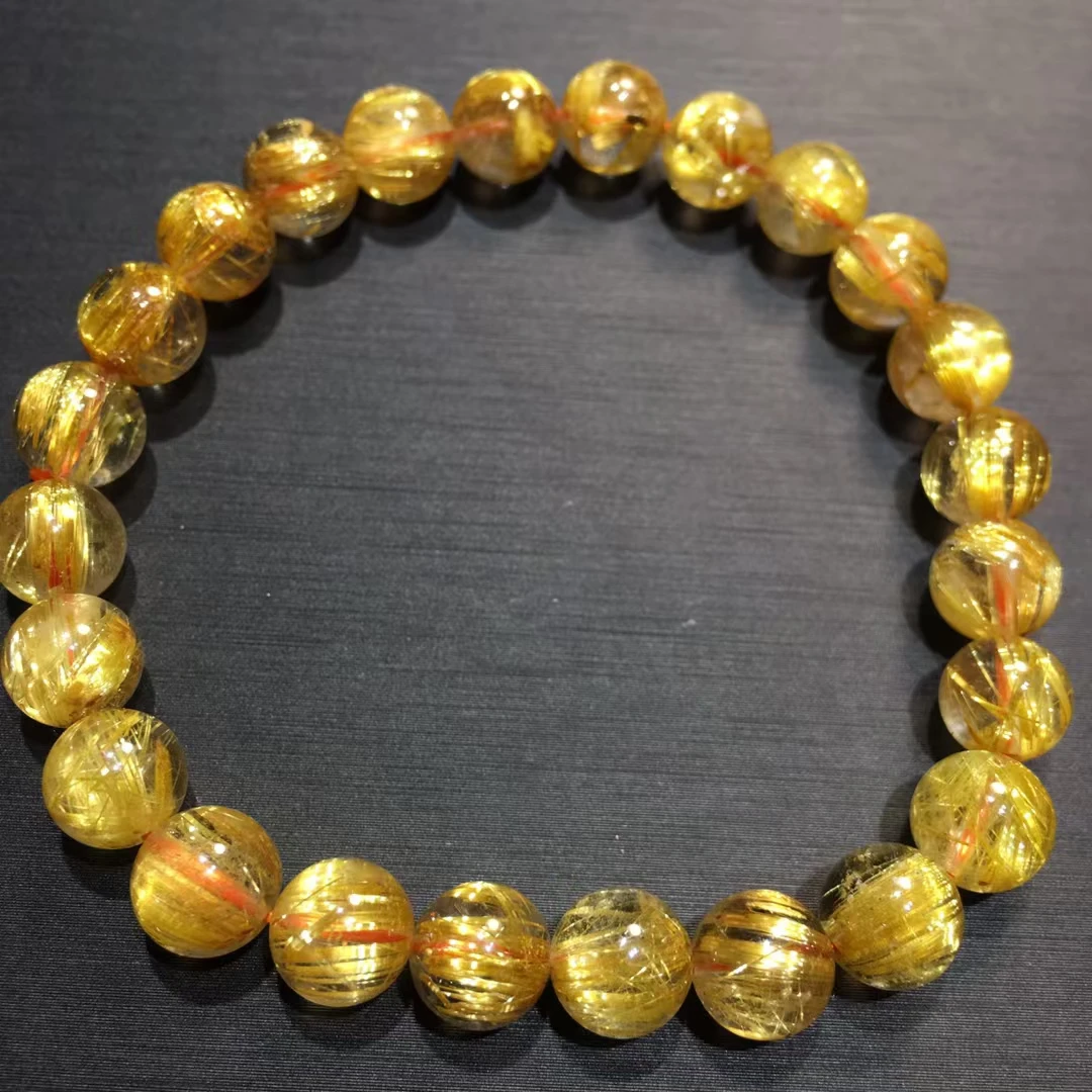 

Natural Gold Rutilated Quartz Titanium Bracelet Cat Eye 7.5mm Clear Round Wealthy Woman Men Beads Jewelry Brazil AAAAAAA